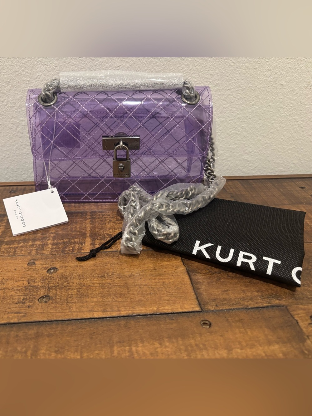 Kurt Geiger Lilac Quilted Clear Crossbody Bag with Chain Strap